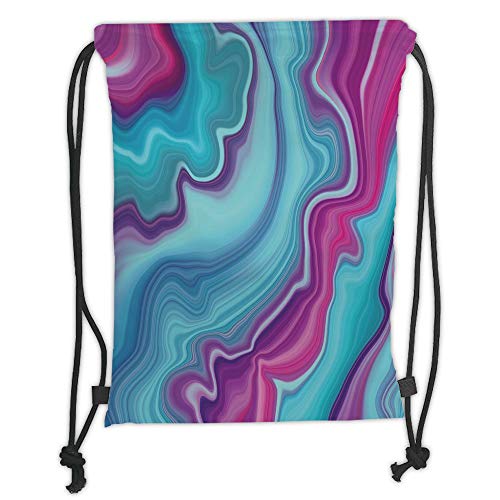 LULUZXOA Gym Bag Printed Drawstring Sack Backpacks Bags,Marble,Abstract Color Formation Wavy Aqua Pink Lines Agate Slab Mineral Layers Geographic,Aqua Pink Soft Satin,