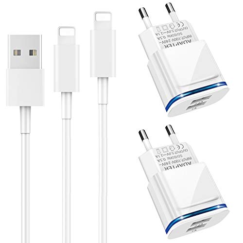 LUOATIP Cargador Phone, 4-Pack 2M Cable + Dos Enchufe USB 2.1A/5V Movil Adaptador Compatible con iPhone 11 XS XS MAX/XR/X 8/7/6/6S Plus 5S/SE/5C, Pad Air Mini Pro, Pod