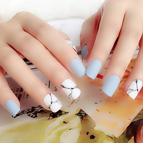 Lurrose - Juego de 24 uñas postizas artificiales mate con pegamento, color azul claro y mármol