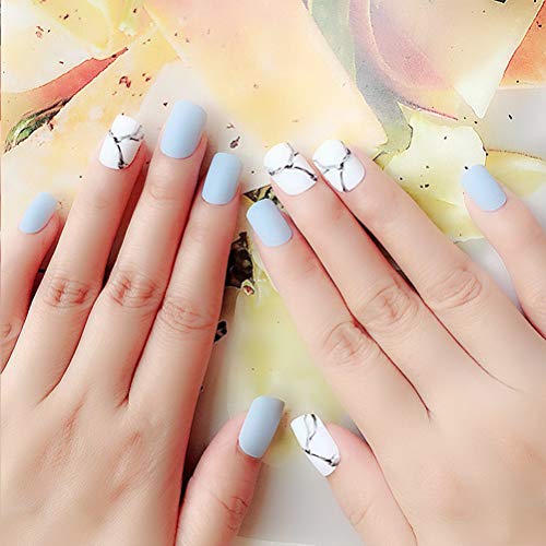 Lurrose - Juego de 24 uñas postizas artificiales mate con pegamento, color azul claro y mármol