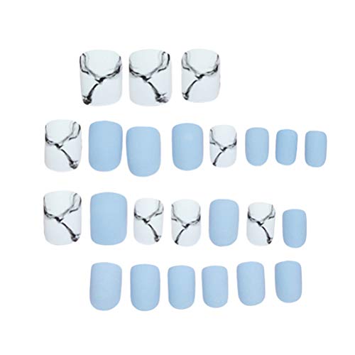 Lurrose - Juego de 24 uñas postizas artificiales mate con pegamento, color azul claro y mármol