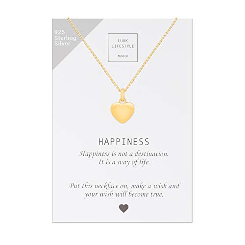 LUUK LIFESTYLE Collar de plata de ley 925 con colgante de corazón y cita Happiness, joya de mujer, tarjeta de regalo, amuleto, oro