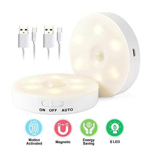 Luz LED Armario Sensor Movimiento, Cobiz Luz Nocturna Recargable 2PCS, Inalámbrica 3 modos de iluminación Lámpara de Cocina para Pasillo, Escalera, Sótano, Cocina, Garaje, Gabinete