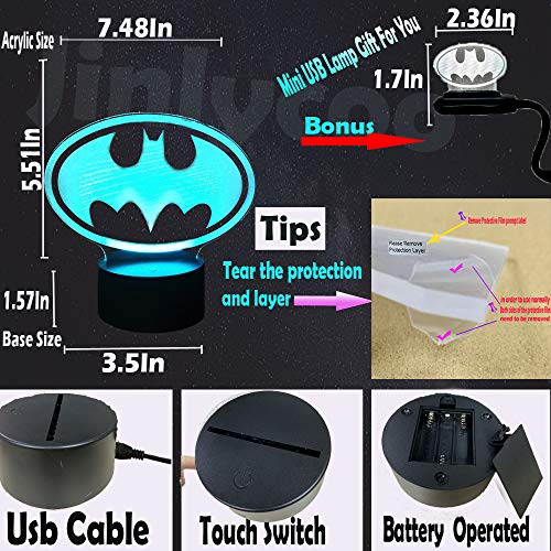 Luz nocturna Batman con mando a distancia DC Superhero para dormir de bebé, luz nocturna 3D para niños, 7 colores, bombilla sensor de movimiento USB, luz de vacaciones, regalo de Navidad (logo Batman)