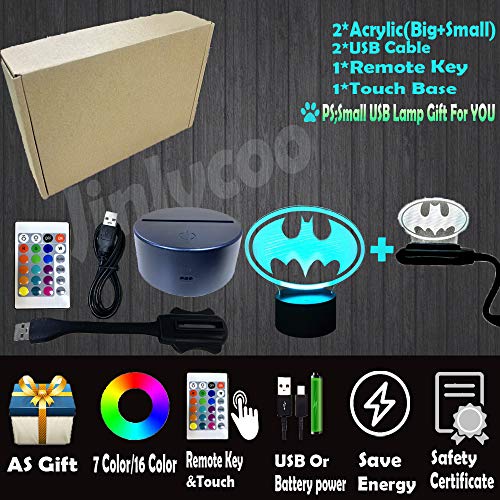 Luz nocturna Batman con mando a distancia DC Superhero para dormir de bebé, luz nocturna 3D para niños, 7 colores, bombilla sensor de movimiento USB, luz de vacaciones, regalo de Navidad (logo Batman)