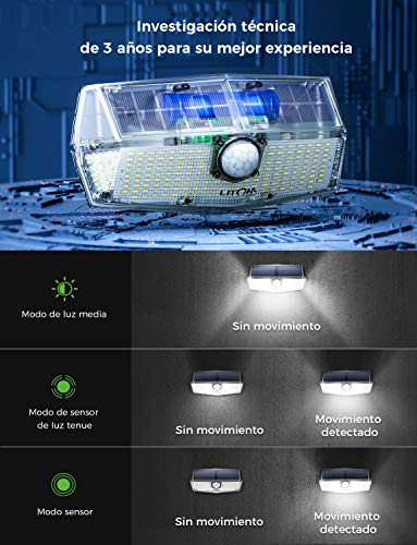 Luz Solar Exterior 200 Led, Foco Solar con Sensor de Movimiento Iluminación, 270° Gran Angular, IPX7 Impermeable, Más Brillante y Durable, Fácil de Instalar