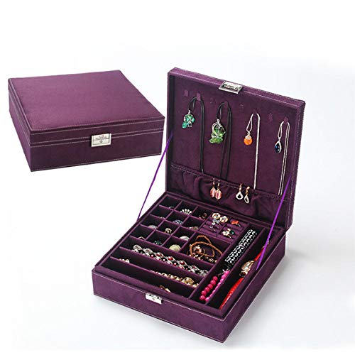 LYPYY Caja de joyería Cuadrada de Franela de Venta Diseño Simple 2 Capas Organizador de Maquillaje Gargantilla Anillo Collar Caja de Almacenamiento, púrpura