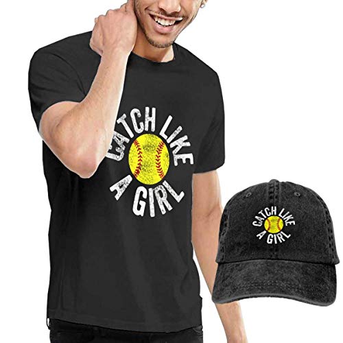 LYZBB Camisetas y Tops Hombre Polos y Camisas,Catch Like A Girl Softball Catcher Adult Round Neck Short Sleeve T Shirts Black and Adjustable Cowboy Hat