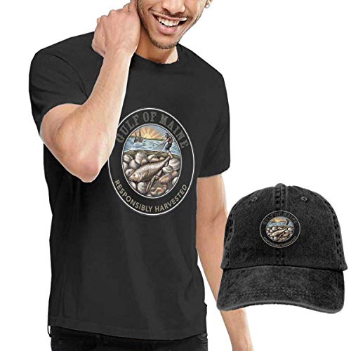 LYZBB Camisetas y Tops Hombre Polos y Camisas,Gulf of Maine Mens Round Neck Short Sleeve T Shirt and Cowboy Hat Black