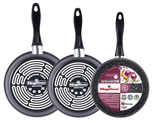 Magefesa K2 Gransasso Lote 3 sartenes 24Ø26Ø28Ø, Fabricado en Acero vitrificado. Antiadherente bicapa Reforzado Efecto Piedra, Color Gris Moteado. Válido para Todo Tipo de Fuegos Esmaltado