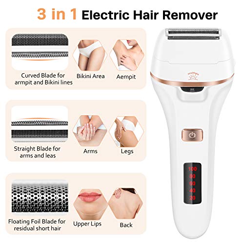 Majome Electric Foot File Rechargeable - 3 in 1 Foot Files for Hard Skin, Epilator, Hair Remover with 4 Heads and 2 Speeds, Wet and Dry Painless Womens Razor Bikini Trimmer with LED Light