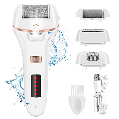 Majome Electric Foot File Rechargeable - 3 in 1 Foot Files for Hard Skin, Epilator, Hair Remover with 4 Heads and 2 Speeds, Wet and Dry Painless Womens Razor Bikini Trimmer with LED Light