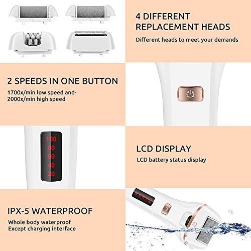 Majome Electric Foot File Rechargeable - 3 in 1 Foot Files for Hard Skin, Epilator, Hair Remover with 4 Heads and 2 Speeds, Wet and Dry Painless Womens Razor Bikini Trimmer with LED Light
