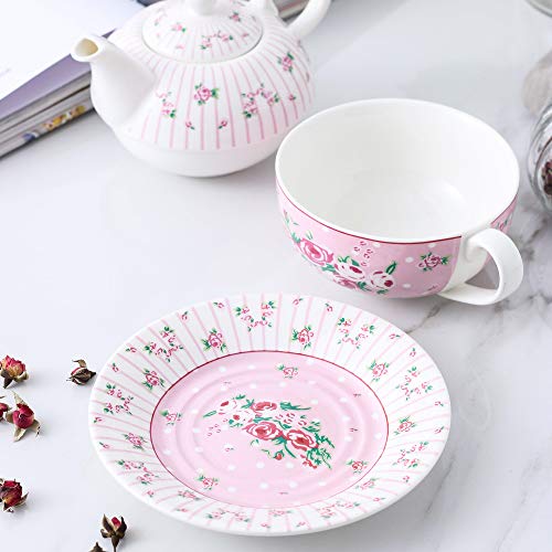 MALACASA, Serie Sweet.Time, 4 Piezas Juego de Té de Porcelana con Tetera con Flores de Taza y Platillo y Regalo de Cafetera Color Blanco con Rosa