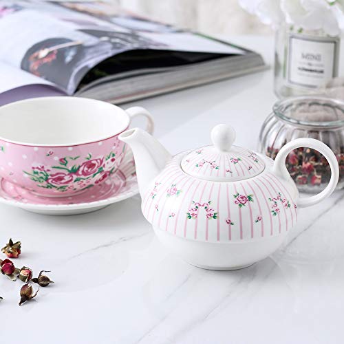 MALACASA, Serie Sweet.Time, 4 Piezas Juego de Té de Porcelana con Tetera con Flores de Taza y Platillo y Regalo de Cafetera Color Blanco con Rosa