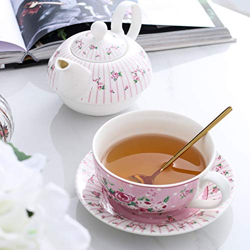 MALACASA, Serie Sweet.Time, 4 Piezas Juego de Té de Porcelana con Tetera con Flores de Taza y Platillo y Regalo de Cafetera Color Blanco con Rosa