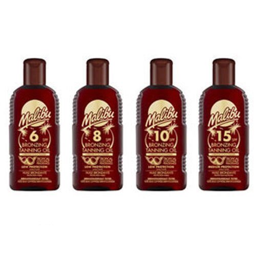 Malibu - Aceite bronceador de bronceado, botellas de 200 ml, 5 diferentes factores SPF para elegir