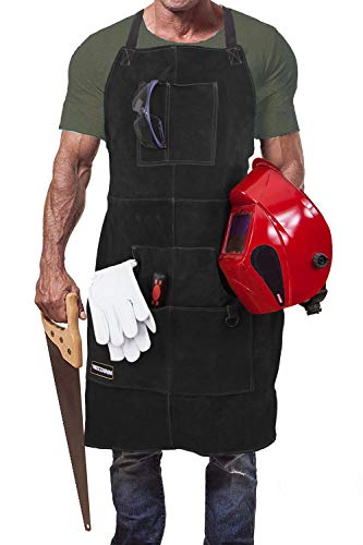 Mandil de Soldador Premium de Cuero Protector para Hombre. Delantal de Herrero Termico Ignifugo para Soldadura en Taller con 6 Bolsillos para Herramientas (Marrón Oscuro)