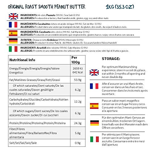 ManiLife Mantequilla de Cacahuete - Peanut Butter - Natural, de Origen único, sin Aditivos, sin Azúcar Añadida, sin Aceite de Palma - Cremoso Tostado Original - (1 x 1kg)