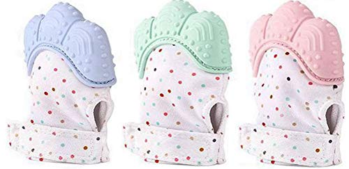 Manoplas de Dentición para Bebé, 2 Piezas Mordedor Bebes + 1 Pieza Juguete Mordedor Forma Uva, Aliviar el Dolor de Encías, Masajear Encías y Proteger Las Manos, Azul