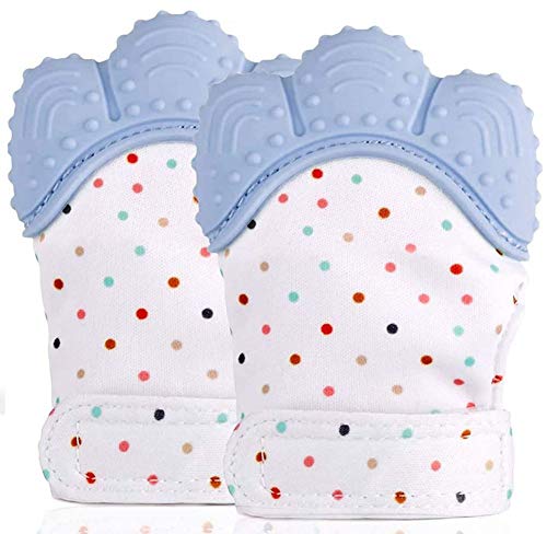 Manoplas de Dentición para Bebé, 2 Piezas Mordedor Bebes + 1 Pieza Juguete Mordedor Forma Uva, Aliviar el Dolor de Encías, Masajear Encías y Proteger Las Manos, Azul