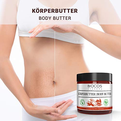 Manteca corporal orgánica con manteca de cacao, aceite de coco, manteca de karité, aceite de semilla de uva, vitamina E - cuidado corporal para pieles secas - 100% natural, vegano, sin refinar - 200ml