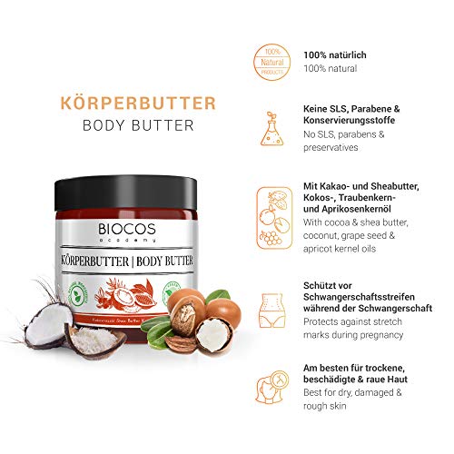 Manteca corporal orgánica con manteca de cacao, aceite de coco, manteca de karité, aceite de semilla de uva, vitamina E - cuidado corporal para pieles secas - 100% natural, vegano, sin refinar - 200ml