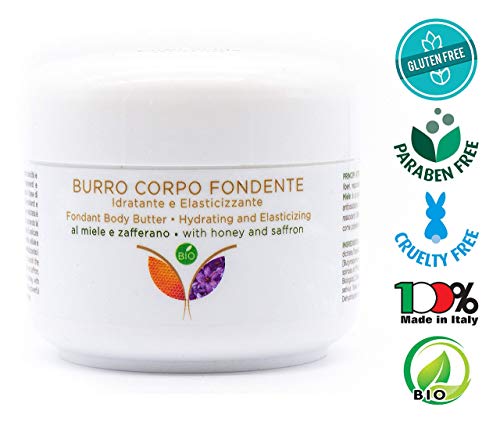 Manteca Hidratante Natural para el Cuerpo, Piel seca y agrietata, Reafirmante con Azafrán, Miel y Aceite de cànamo sativa -Karitè - Vitamina E - certificado BIO 100%