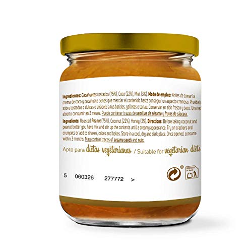 Mantequilla de Cacahuete con Coco y Miel de HSN Foods | 100% Natural | Peanut Butter | Apto Vegetariano - Sin grasa de palma - Sin grasa trans - Sin azúcar ni sal añadidos - 250g