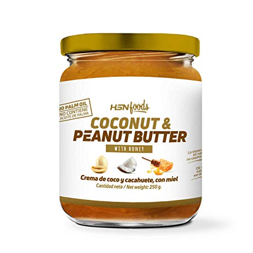 Mantequilla de Cacahuete con Coco y Miel de HSN Foods | 100% Natural | Peanut Butter | Apto Vegetariano - Sin grasa de palma - Sin grasa trans - Sin azúcar ni sal añadidos - 250g