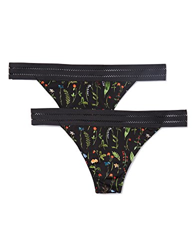 Marca Amazon - IRIS & LILLY Tanga de Tira con Flores Mujer, Pack de 2, Multicolor (Water Herbs Print), L, Label: L