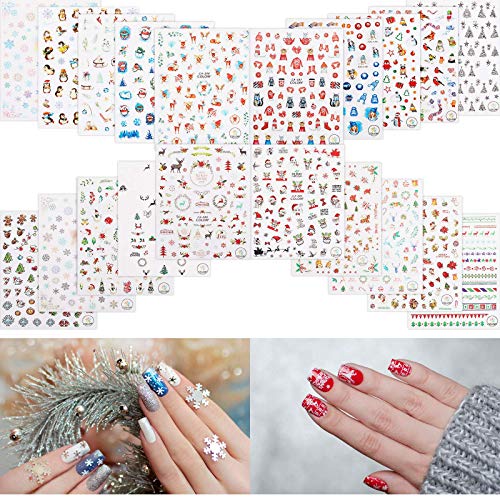 Más de 1500 Patrones 20 Hojas Pegatinas de Uñas de Navidad Calcomanías de Uñas Autoadhesivas 3D Calcomanías Envolturas de Uñas Copo Nieve Invierno Navidad Pegatinas Uñas Árbol Navidad Santa