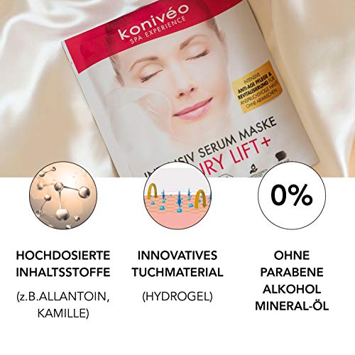 Mascarilla facial KONIVÉO Premium ‚Luxury Lift+‘. Máscara de tejido con acción Anti Arrugas. Tratamiento Anti Aging y revitalizante intensivo. Sello alemán Dermatest „Muy bueno“. 1 Unidad