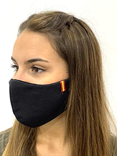 Mascarilla reutilizable Adultos Talla L,Unisex,color Negro con la Bandera de España, protección de filtración muy alta, fabricada en España.