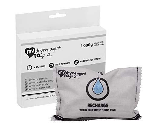 Maxi deshumidificador Bolsa desecante 1kg Gel de silice, Antihumedad, Alta Capacidad de absorción MY Drying Agent TO GO XL Absorbe Humedad, Elimina Mal Olor, para Coche, Caravana, armarios, cajones