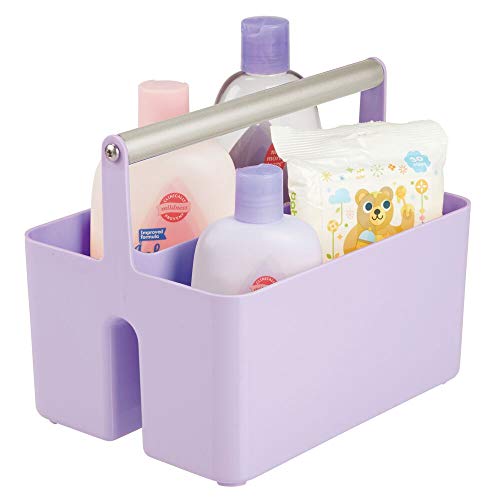 mDesign Caja organizadora para cuarto de baño – Cesta con asa para el almacenamiento de productos cosméticos – Organizador de baño con 2 compartimentos – morado y plateado mate