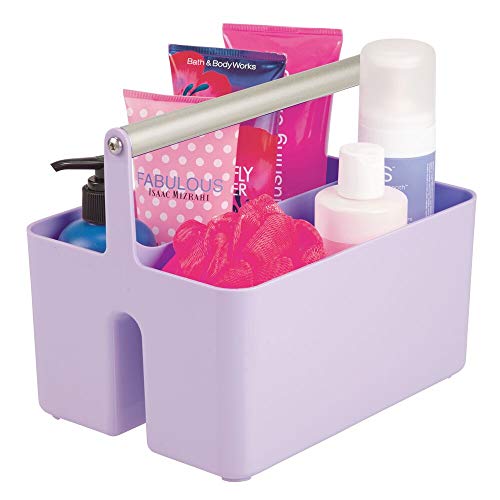 mDesign Caja organizadora para cuarto de baño – Cesta con asa para el almacenamiento de productos cosméticos – Organizador de baño con 2 compartimentos – morado y plateado mate