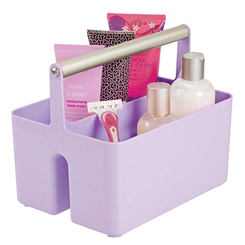 mDesign Caja organizadora para cuarto de baño – Cesta con asa para el almacenamiento de productos cosméticos – Organizador de baño con 2 compartimentos – morado y plateado mate