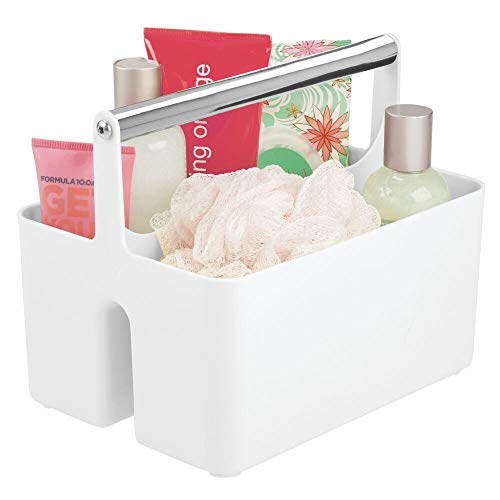 mDesign Caja organizadora para Cuarto de baño – Cesta con asa para el Almacenamiento de Productos cosméticos – Organizador de baño con 2 Compartimentos – Blanco y Plateado Mate