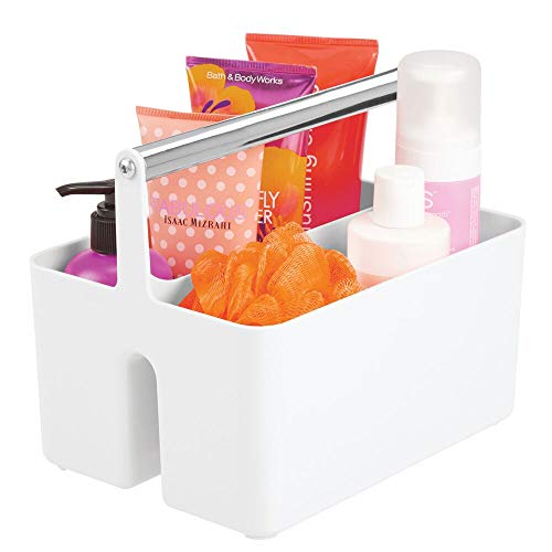 mDesign Caja organizadora para Cuarto de baño – Cesta con asa para el Almacenamiento de Productos cosméticos – Organizador de baño con 2 Compartimentos – Blanco y Plateado Mate