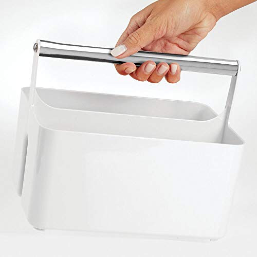 mDesign Caja organizadora para cuarto de baño – Cesta con asa para el almacenamiento de productos cosméticos – Organizador de baño con 2 compartimentos – morado y plateado mate