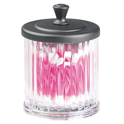 mDesign Juego de 2 organizadores de cosméticos de plástico – Frasco Transparente con Tapa para algodón, Sales y más – Versátiles envases para cosmética para el Lavabo – Transparente/Gris Oscuro