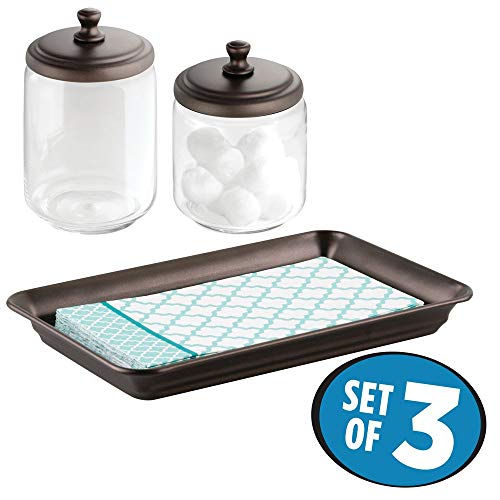 mDesign Juego de 3 Accesorios para el baño – Juego de baño Completo con Bandeja para Toallas y cosméticos – 2 Botes de Cristal con Tapa para Sales de baño, etc. – Transparente/Bronce