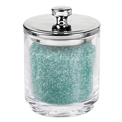 mDesign Organizador de cosméticos de vidrio – Frasco de cristal con tapa – Mantiene secos productos de algodón y sales – Contenedor de vidrio para productos de cosmética – transparente y plateado