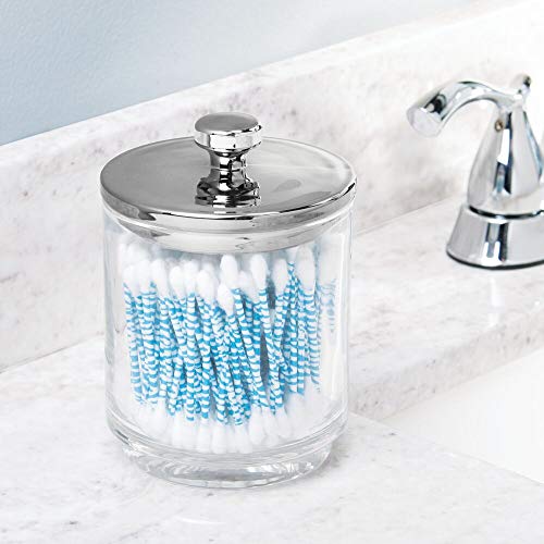 mDesign Organizador de cosméticos de vidrio – Frasco de cristal con tapa – Mantiene secos productos de algodón y sales – Contenedor de vidrio para productos de cosmética – transparente y plateado
