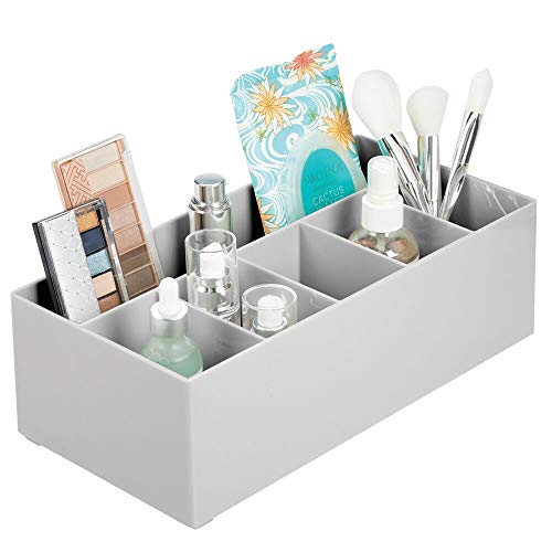 mDesign Organizador de cosméticos para el Lavabo o el tocador – Caja organizadora de plástico Libre de BPA para Guardar el Maquillaje – Moderna Cesta de baño con 6 Compartimentos – Gris