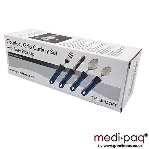 Medipaq Set de Cubiertos de Fácil Agarre y Recogida – Cubiertos para Personas – 1x Juego de Cubiertos - Azul y Gris