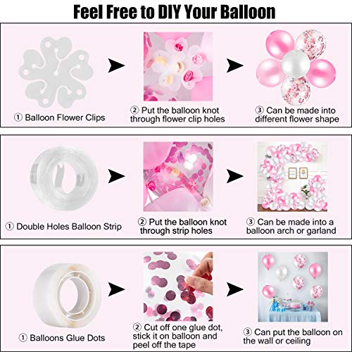 MELLIEX 120 Piezas Globos de Confeti Globos de Latex Kit de Guirnaldas de Globos con 10 Accesorios para Globos para Decoracion de Boda Cumpleaños Fiesta San Valentin, Rosa y Blanca