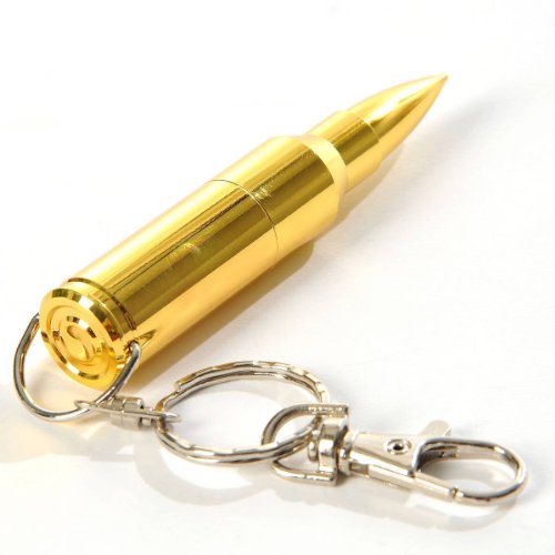 Memoria USB 2.0 de 16 GB con forma de bala de fusil o pistola y llavero con cierre dorado