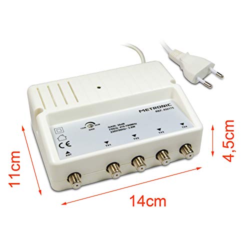 Metronic 432175 - Amplificador señal de Antena TV, Compatible 4G, 28dB, 4 Salidas con Toma F, Interior, Blanco